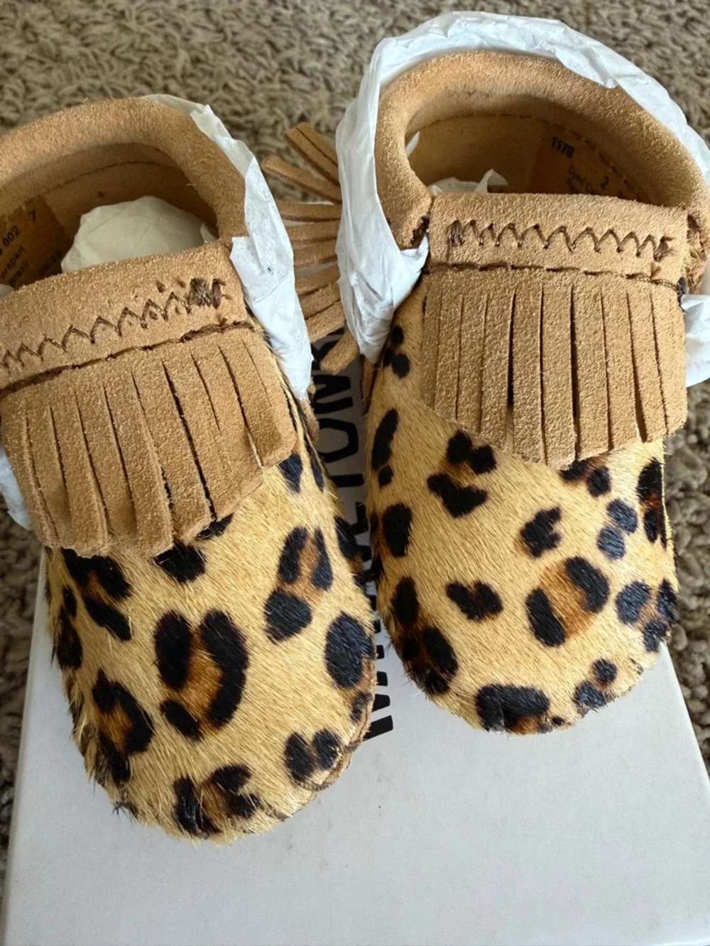 Minnetonka Kids Leopard-Print Fringe Moccasins in Tan and Black